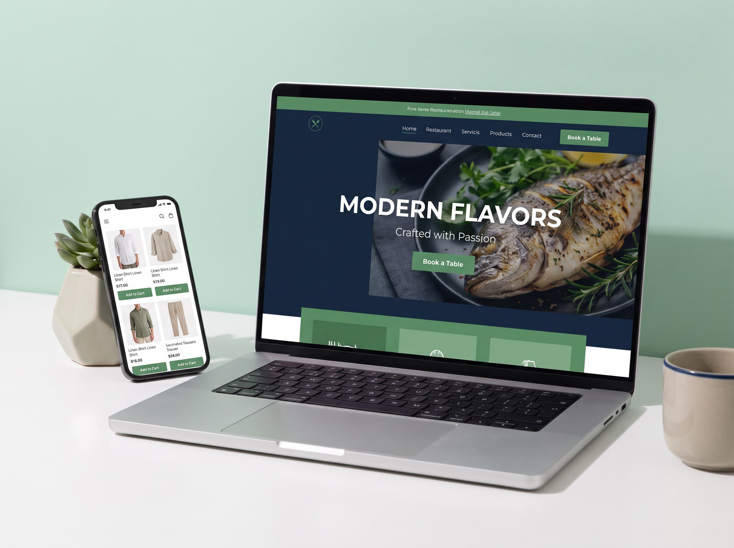 A laptop and a phone showing modern business website designs